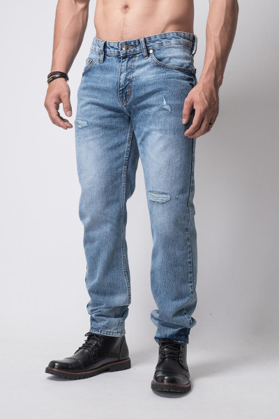 Washed Blue Ripped Tapered Fit Jeans Premium