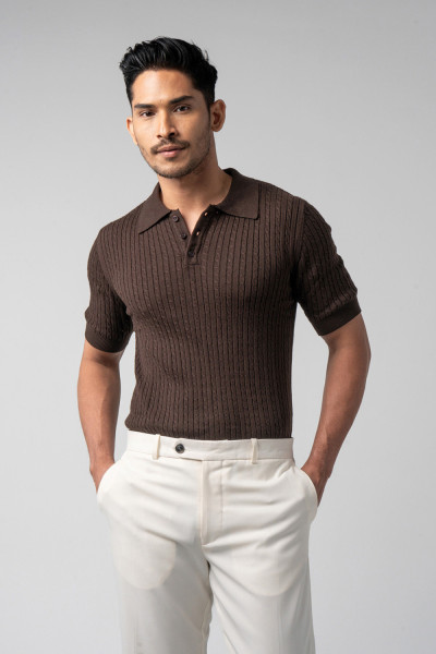 Dark Brown Cable Knit s/s Polo Shirt