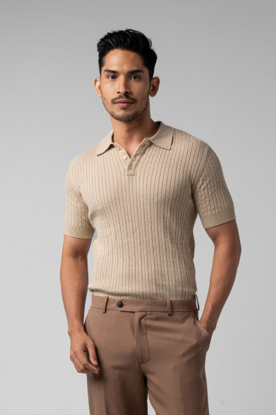 Beige Cable Knit s/s Polo Shirt