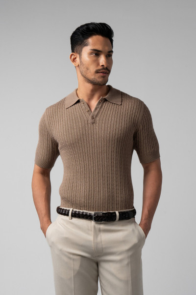 Light Brown Cable Knit s/s Polo Shirt