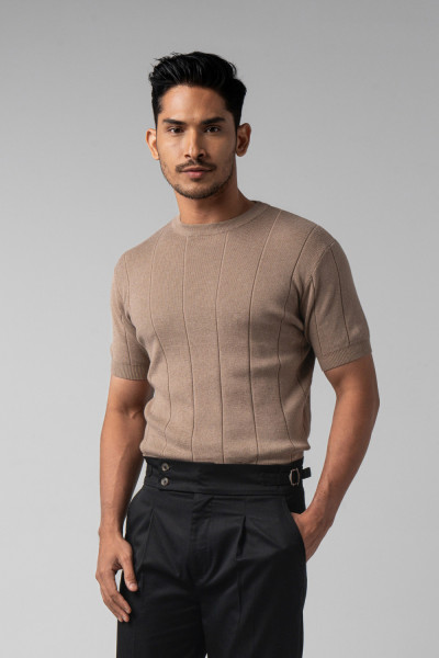 Light Brown Striped Knitted s/s T-Shirt