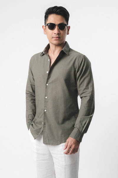 Linen Blend Olive Green l/s Shirt