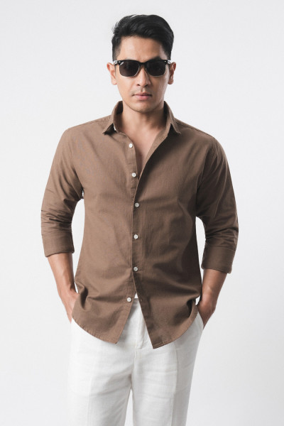Linen Blend Wood Brown l/s Shirt