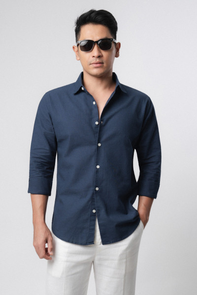 Linen Blend Navy l/s Shirt