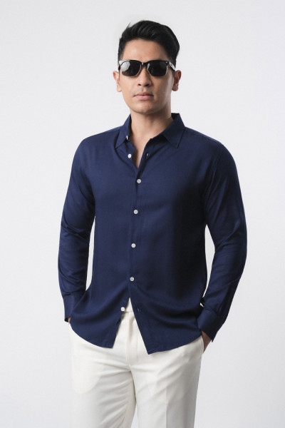 Solid blue l/s Viscose Shirt
