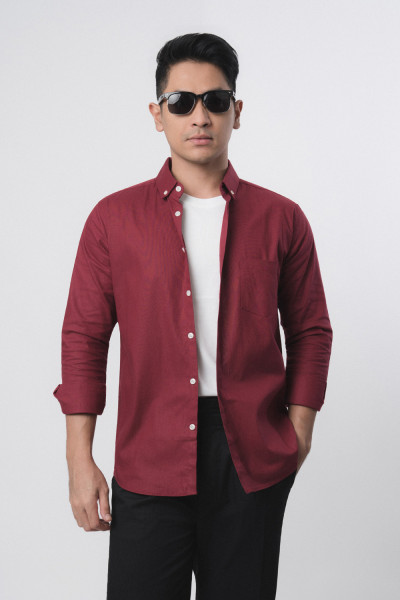 Pure Cotton Oxford Dark Maroon L/S Shirt